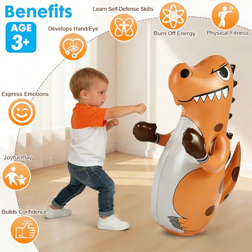 Inflatable Dinosaur Punching Bag for Kids, 47" Toddler Blow up Bop Bag for Ages 3-14, Children Boxing Toys & Gifts with Bounce-Back Action