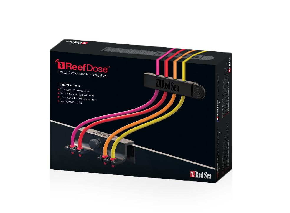 Red Sea ReefDose Deluxe 4 Color Dosing Tube Kit Red Yellow Orange Pink | Saltwater Marine Aquarium Dosing Pump Tubing Set with Clips and Tubing Holder