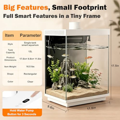 5 Gallon Smart Aquarium Kit, APP Control, Auto Feeder, LED Light, Self-Cleaning Filter, Glass Desktop Tank for Betta/Tetra/Goldfish, Dual-Tank Feeding Supported, Divider Not Included
