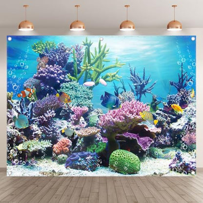 8x6ft Fabric Under The Sea Photography Backdrop Aquarium Underwater World Tropical Fish Coral Reef Background Mermaid Birthday Baby Shower Party Decorations Photo Banner Props - size: 8'x6'