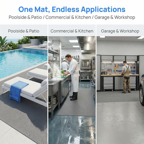 WLWLEO Drainage Non Slip Floor Mats for Pool Restroom Basement Garage Restaurant Sauna SPA Indoor Outside Wet Area, Heavy Duty PVC Water Drain Anti Slip Commercial Flooring Mat,Gray/Grey,0.9×5M