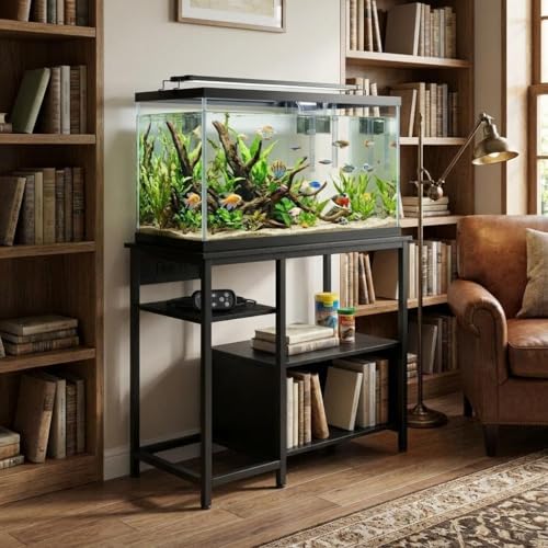 Garvee 40-50 Gallon Fish Tank Stand with Power Outlets, Heavy Duty Metal and Wood Aquarium Stand with 4-Tier Open Storage Shelves and Sturdy Legs - color: Black, size: 36.6