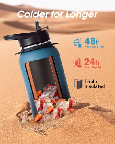 Coolflask 40 oz Water Bottle Insulated Stainless Steel with Strap - color: Blue, size: 40 Ounces