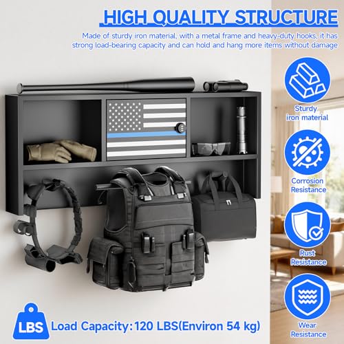 Police Gear Rack - Police Hanger with Hooks, Black Tactical Duty Gear Rack with Thin Blue Line Flag, Lock Safe, Vest Hanger & Belt Hook, Wall Mounted Body Armor Stand Organizer Rack