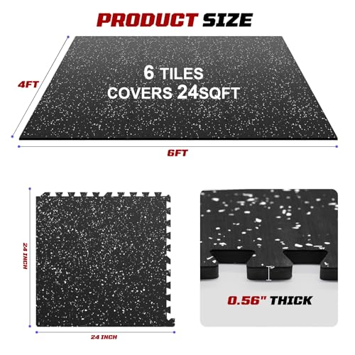 Interlocking Exercise Equipment Mats, 0.56" Thick 6 Tiles (24 Sq Ft) - Rubber Top Gym Flooring with High Density EVA Foam, Heavy Weight Workout Mats for Home GymFloor Protection,Black/White - size: 24 Sq Ft (6 Tiles)
