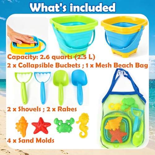 VGY Space-Saving Beach Toys for Kids,2 Collapsible Sand Buckets with Shovels,Rakes,Molds & Mesh Beach Bag,Portable Travel Sandbox Toys for Toddlers Ages 3-10