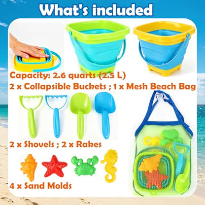 VGY Space-Saving Beach Toys for Kids,2 Collapsible Sand Buckets with Shovels,Rakes,Molds & Mesh Beach Bag,Portable Travel Sandbox Toys for Toddlers Ages 3-10