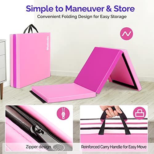 Matladin 6' Folding Tri-fold Gymnastics Gym Exercise Aerobics Mat, 6ft x 2ft x 2in PU Leather Tumbling Mats with Hook & Loop Fastener for Stretching Yoga Cheerleading Martial Arts - color: Purple&Pink