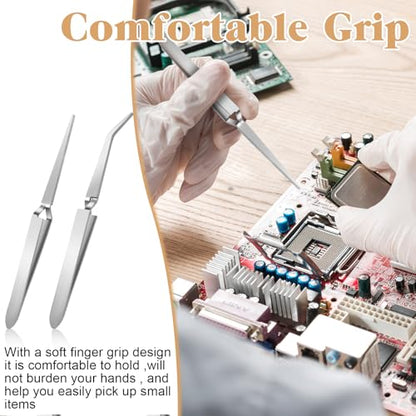 Reverse Tweezers, 2 Pcs Reverse Tweezers for Crafting, Rubber Tipped Electronics Tweezer Stainless Steel Bent and Straight Flat Tip Cross Locking Precision Tweezer Set for Crafts Jewelry Beads Coins