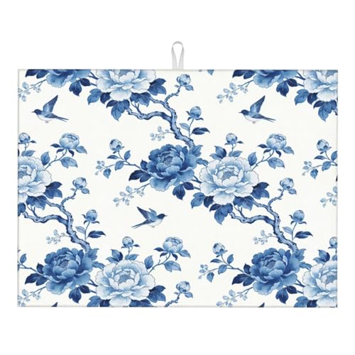 Chinoiserie Dish Drying Mat, for Kitchen Counter Microfiber Absorbent, Blue and White Dish Draining Mat Extra Large 18"x24" - color: Chinoiserie