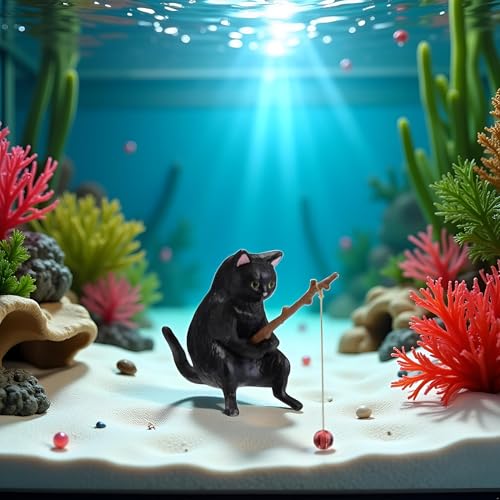 BWESOO Black Fish Tank Landscaping Cartoon Fishing Cat Ornaments Aquarium Accessories Household Supplies Home Office Decorations Fishing Cat Figurine Aquarium Décor Thematic Ornaments