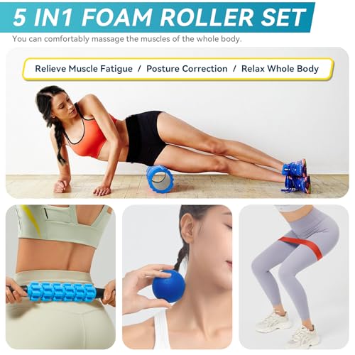 Krightlink 5 in1 Foam Roller Set High Density Foam Roller Muscle Recovery | Deep Tissue Muscle Massage Foam Roller for Exercise, Massage Roller, Massage Ball, Stretching Strap, for Whole Body Blue - color: Deep Blue