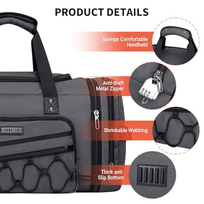WITZMAN Mens Duffle Bag Expandable 45L Travel Gym with Shoe Compartment - color: Silvery Grey