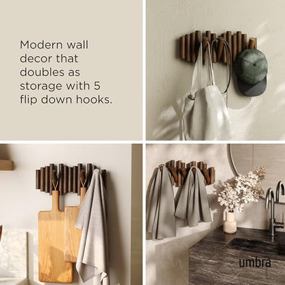 Umbra Picket Coat Rack, Wall Mount 5 Flip-Down Coat Hooks, Walnut - color: Walnut, size: 5-Hook