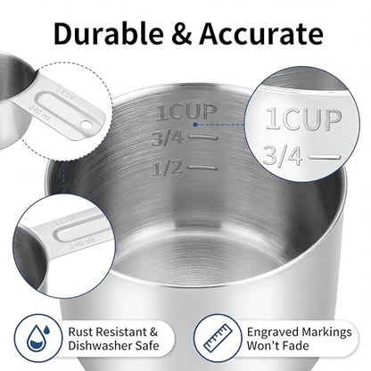 Measuring Cups, 1 Cup Stainless Steel Cup 4 Packs 304 stainless with non-slip handle, works for wet & dry ingredients, 240ml/8oz kitchen baking tool.