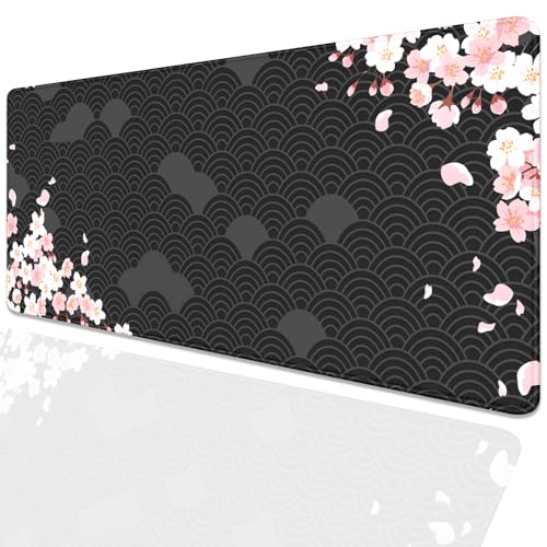 Black Watercolor Cherry Blossom Desk Pad Mouse Pad,Large Gaming Mouse Mat with Stitched Edges,Non-Slip Waterproof Rubber Base Mousepad for Office Work Home Desk Mat(27.5X11.8 in)