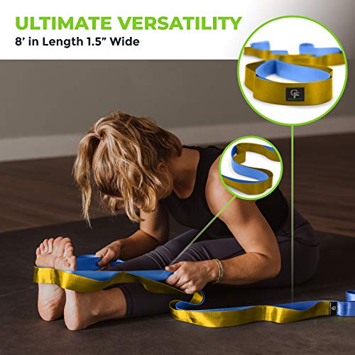Stretching Strap for Physical Therapy, 12 Multi-Loop Stretch Strap 1.5" W x 8' L, Neoprene Handles, Physical Therapy Equipment, Yoga Straps for Stretching, Leg Stretcher. - color: Blue/Gold