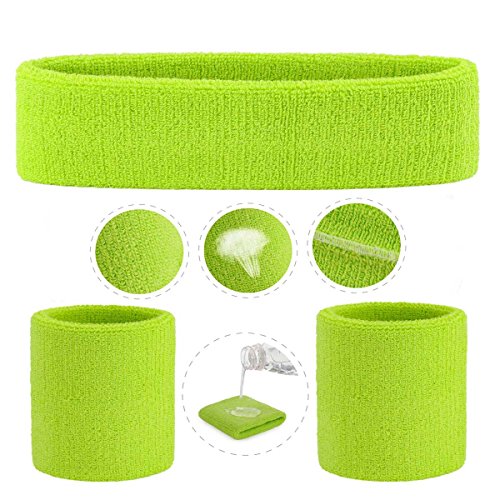 ONUPGO Sweatband Set Sports Headband Wristband Set Sweatbands Terry Cloth Wristband Wrist Sweatband Headbands Moisture Wicking Sweat Absorbing Head Band - color: Neon Green