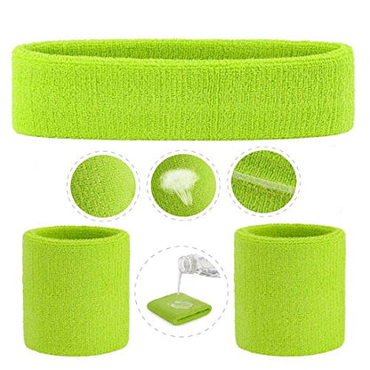 ONUPGO Sweatband Set Sports Headband Wristband Set Sweatbands Terry Cloth Wristband Wrist Sweatband Headbands Moisture Wicking Sweat Absorbing Head Band - color: Neon Green