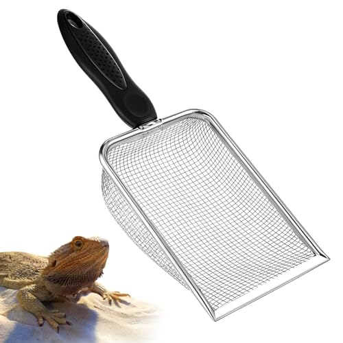 Stainless Steel Mesh Litter Shovel, Fine Mesh Metal Reptile Litter Cleaner Scooper, Black Non-Slip Handle Sifter for Lizard Substrate Reptile Terrarium Sand Waste