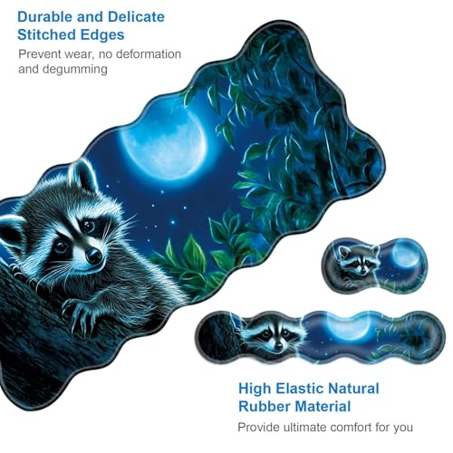 Large Gaming Mouse Pad, Keyboard Wrist Rest Pad & Wrist Support Mousepad Set, Stitched Edge, Extended, Non-Slip Base, Memory Foam Desk Mat for Office, Home,Cute Raccoon - color: Cute Raccoon