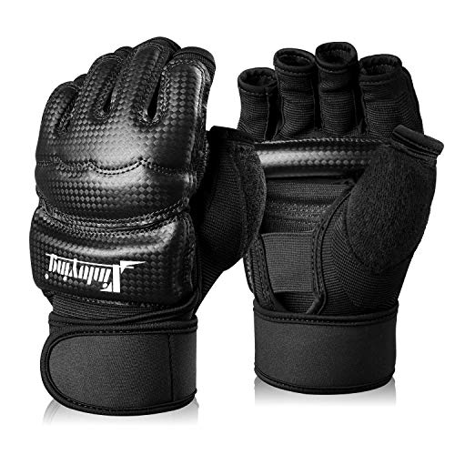 Xinluying Professional MMA Protective Gloves for Men & Women | 10mm EVA Padding+27cm Wrist Band, Palm Grip Strip, Premium leather, For Boxing, Kickboxing, Muay Thai, Taekwondo, Sparring... - color: Black, size: Large