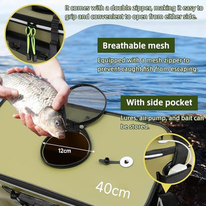 SANLIKE Foldable Live Fish Bucket, EVA Fishing Bait Bucket, 35/40/45CM Collapsible Fish Container, Leakproof Livewell for Kayak Boat Bank Fishing, Black/Army Green - color: Green-40cm