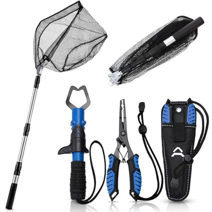 3 Pcs Fishing Tool Kit, Fishing Landing Net with Telescoping Pole Handle, Fish Plier with Sheath, Fish Lip Gripper for Freshwater Extend to 30-56 Inches, Gear Gifts for Men Women