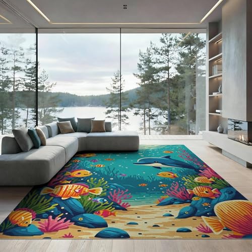 9'x12' Washable Kawaii Fish Oversized Rug, Teal Non-Shedding Pet Friendly Carpet Foldable Easy Care Mat for Master Suite, California King, Under Bed | Ref:1893719