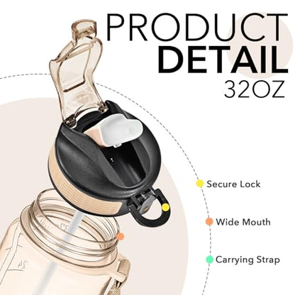 Hyeta Water Bottle with Straw & Time Marker, Plastic 32oz Leakproof - color: Clear Amber