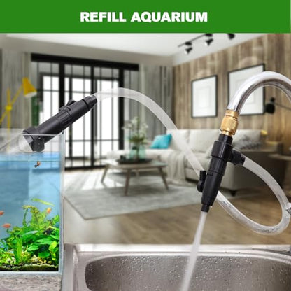 Aquarium Siphon Vacuum Gravel Cleaner Kit for Fish Tank Cleaning Gravel & Sand, Fish Tank Water Changer Metal Faucet Connector with Long Hose Drain & Fill（32ft）