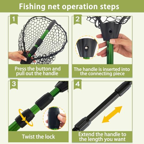 Telescoping Metal Lock Fishing Net with Handle Red Green 64" 52" Rubber Fish Net - Adjustable Length Lightweight Foldable Large Big Collapsible Extendable Fishing Net - color: black with green handle(3-section pole)