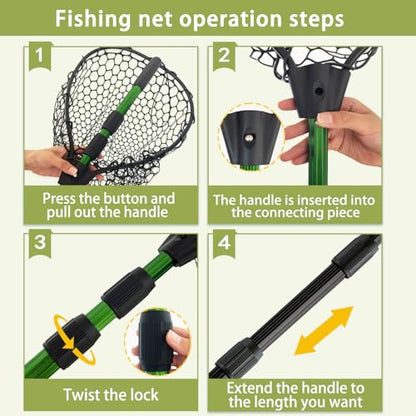 Telescoping Metal Lock Fishing Net with Handle Red Green 64" 52" Rubber Fish Net - Adjustable Length Lightweight Foldable Large Big Collapsible Extendable Fishing Net - color: black with green handle(3-section pole)