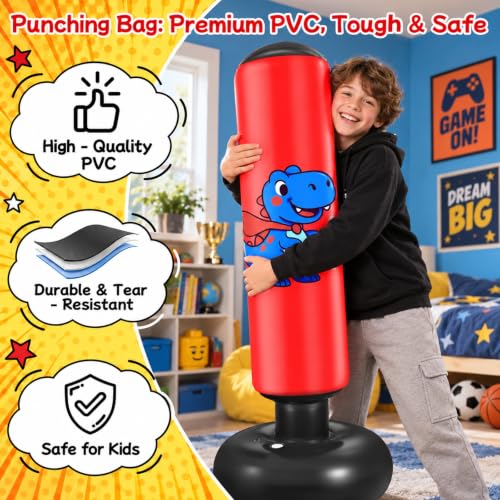 Qoosea Punching Bag for Kids 48in Dinosaur Toys Boxing Bag Set with Gloves - color: Red-63 IN