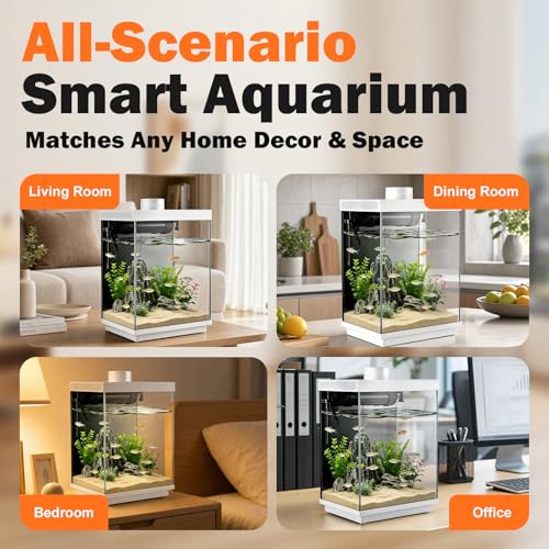 5 Gallon Smart Aquarium Kit, APP Control, Auto Feeder, LED Light, Self-Cleaning Filter, Glass Desktop Tank for Betta/Tetra/Goldfish, Dual-Tank Feeding Supported, Divider Not Included