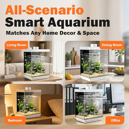 5 Gallon Smart Aquarium Kit, APP Control, Auto Feeder, LED Light, Self-Cleaning Filter, Glass Desktop Tank for Betta/Tetra/Goldfish, Dual-Tank Feeding Supported, Divider Not Included