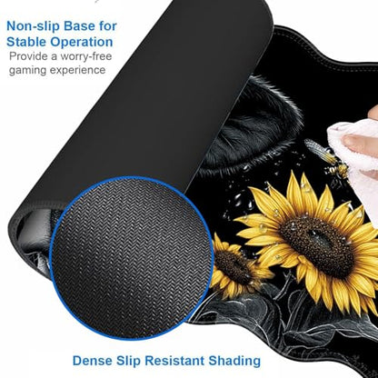 Large Gaming Mouse Pad, Keyboard Wrist Rest Pad & Wrist Support Mousepad Set, Stitched Edge, Extended, Non-Slip Base, Memory Foam Desk Mat for Office, Home,Cute Sunflower Cow - color: Cute Sunflower Cow