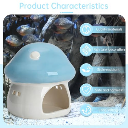 Cute Aquarium Mushroom House Betta Fish Tank Accessory Decor Mini Ceramic Fish Hideout Shrimp Cave Ornament (Blue)