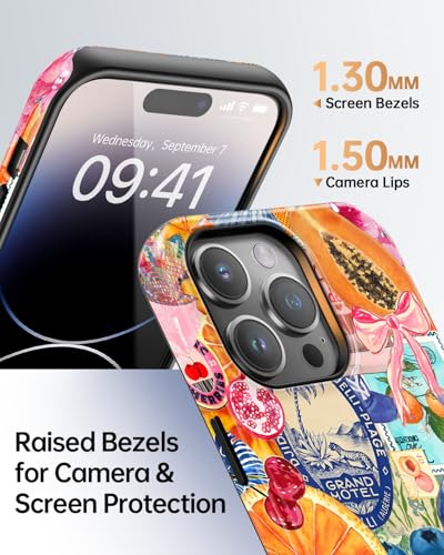 for iPhone 14 Pro Max Case, Cute Fruit Lemon Seashell Summer Collage Phone Case, Compatible with Magsafe, Trendy Western Glossy Yellow Magnetic Slim Shockproof Protective Women Girl Men Cover