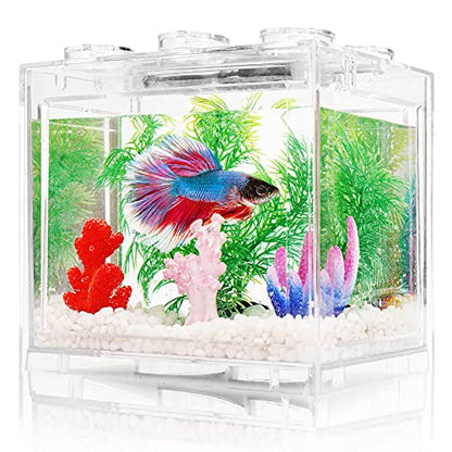 Small Betta Fish Tank, Aquarium Tank Kit with LED Lighting, 0.6 Gallon Stackable Fighting Fish Tank Set, Fish Bowl Accessories for Turtle Reptile Shrimp Crab Insects as Decoration
