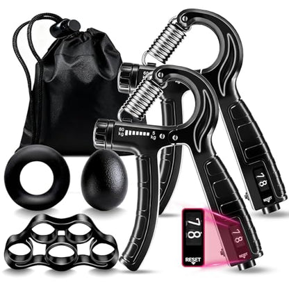 5-in-1 Grip Strength Trainer Kit with Counter, Adjustable Hand Grip(11-132 lbs), Finger Stretcher, Grip Ring & Stress Ball – Grip Strength Trainer for Adults, Home Gym, Arm Workout Equipment
