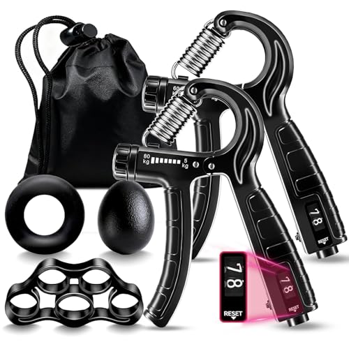 5-in-1 Grip Strength Trainer Kit with Counter, Adjustable Hand Grip(11-132 lbs), Finger Stretcher, Grip Ring & Stress Ball – Grip Strength Trainer for Adults, Home Gym, Arm Workout Equipment