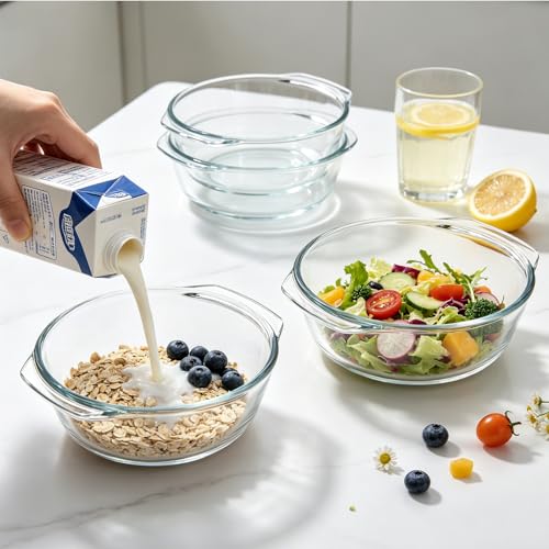 Small Casserole Dishes 2 Pack Soup Bowls, Glass Round Baking Dish Individual Portion Baking Pan for Oven Air Fryer Egg Microwave Rice, Clear Prep Bowls with Handle Microwavable Bowls - size: Small-Round