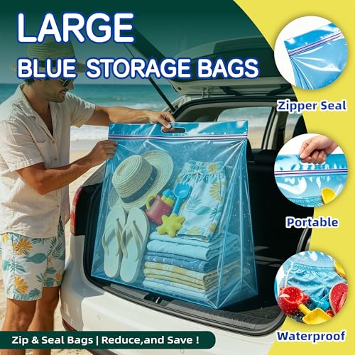 15 Gallon Extra Large Storage Bags with Handles, 3.5 Mil Thick 24"x24" with Clear Zipper Heavy Duty for Home, Moving and Travel, 3 Packs, Blue