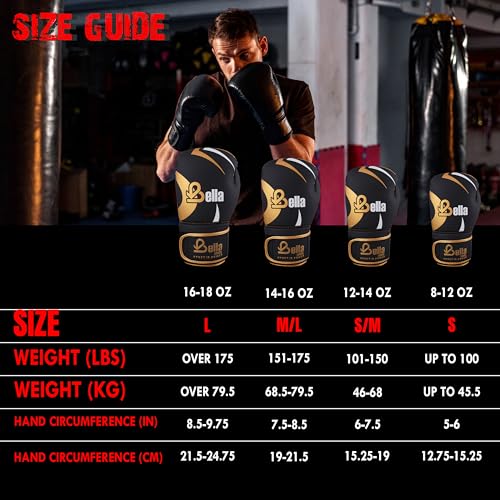 Bella Boxing Gloves - Pro Training & Sparring Gloves, Maya Hide Leather, Men Women Adult, Muay Thai MMA Kickboxing Workout, Heavy Punching Bag & Focus Mitts, Multi Layer Padding, Ventilated Palm - color: Golden, size: 8oz