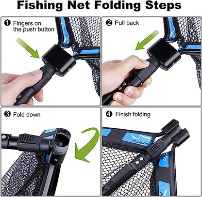 PLUSINNO Floating Fishing Net for Steelhead, Salmon, Fly, Kayak, Catfish, Bass, Trout Fishing, Rubber Coated Foldable Landing Net with Fixed or Telescoping Pole Handle, Fishing Gear and Gifts for Men - color: 2 Pack - 0.8M Blue