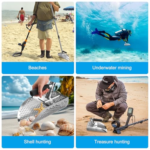 Sand Scoop for Metal Detecting Adjustable Long Handle Sand Shovel Metal Detector Sand Scoop for Adults Stainless Steel Detachable Shovel for Beach, Underwater and Treasure Hunting