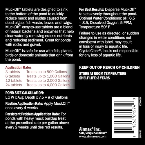 CrystalClear MuckOff, Natural Pond Muck Treatment, Water Garden, Fountain & Bird Bath Sludge Remover, Living Beneficial Bacteria Clarifier with Enzyme, Fish, Aquatic Animal, & Pet Safe, 24 Tablets
