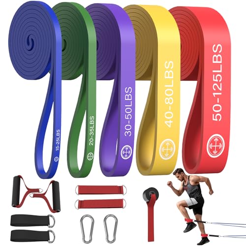 Exercise Bands，Set of 6 Resistance Bands for Working Out,Pull Up Bands Set,at Home Workout Equipment,Instruction Guide and Carry Bag Included - color: 5set（Blue+green+purple+yellow+red+handles&ankle straps ）