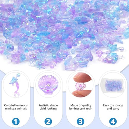 50 PCS Mini Resin Glowing Sea Creatures Set, Dreamy Blue Resin Marine Decor, Tiny Dolphin/Seahorse/Shell Figures for Aquarium & Mini Landscapes, Glow-in-Dark Ocean Decor